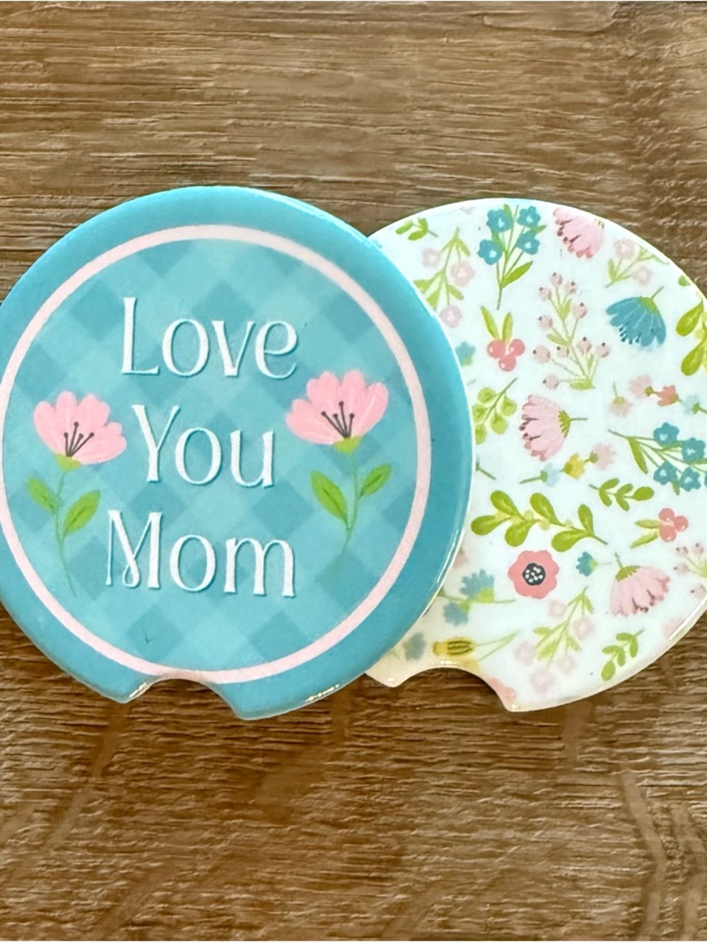 Love You Mom Floral Car Coasters - Turquoise & Pastel Floral